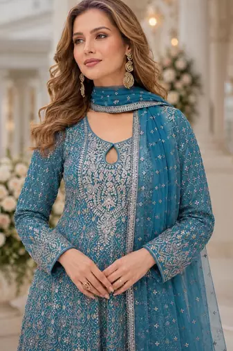 Blue georgette free size stitched suit with embroidery & zarkan work