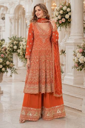 Orange georgette free size stitched suit with embroidery & zarkan work