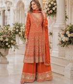 Orange georgette free size stitched suit with embroidery & zarkan work