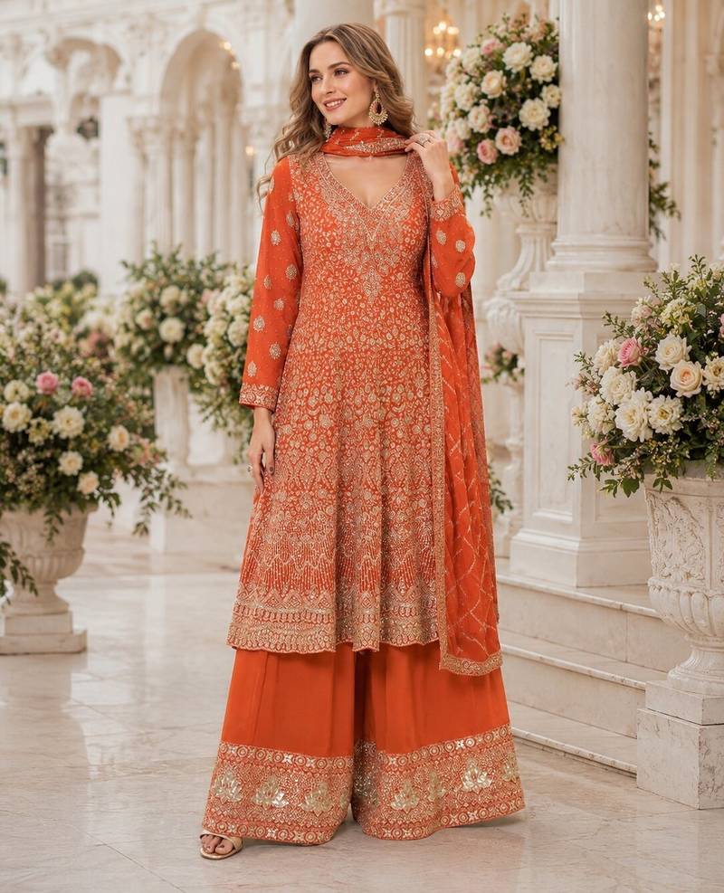 Orange georgette free size stitched suit with embroidery & zarkan work
