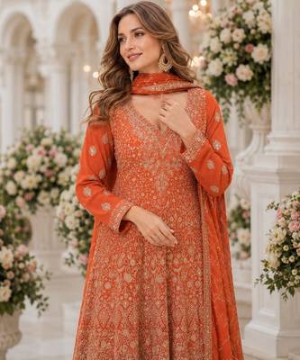 Orange georgette free size stitched suit with embroidery & zarkan work 2