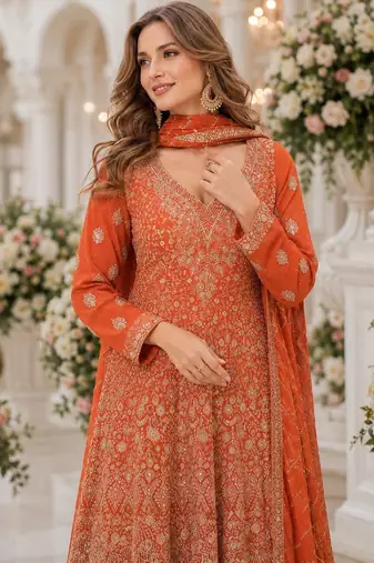Orange georgette free size stitched suit with embroidery & zarkan work