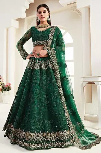 Green Net Silk Embroidered Bridesmaid Wedding Heavy Border Lehenga Choli For Women's