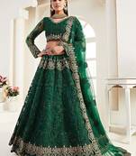 Green Net Silk Embroidered Bridesmaid Wedding Heavy Border Lehenga Choli For Women's