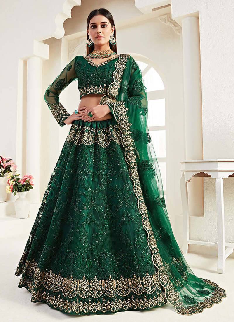 Green Net Silk Embroidered Bridesmaid Wedding Heavy Border Lehenga Choli For Women's