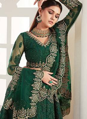 Green Net Silk Embroidered Bridesmaid Wedding Heavy Border Lehenga Choli For Women's 2