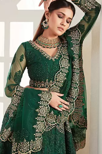 Green Net Silk Embroidered Bridesmaid Wedding Heavy Border Lehenga Choli For Women's
