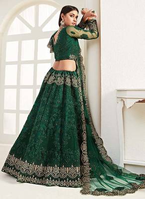 Green Net Silk Embroidered Bridesmaid Wedding Heavy Border Lehenga Choli For Women's 3