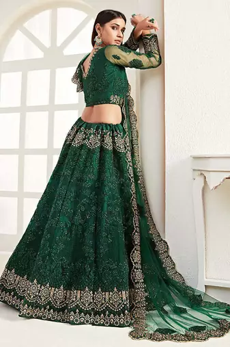 Green Net Silk Embroidered Bridesmaid Wedding Heavy Border Lehenga Choli For Women's