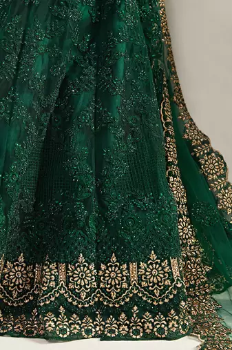 Green Net Silk Embroidered Bridesmaid Wedding Heavy Border Lehenga Choli For Women's