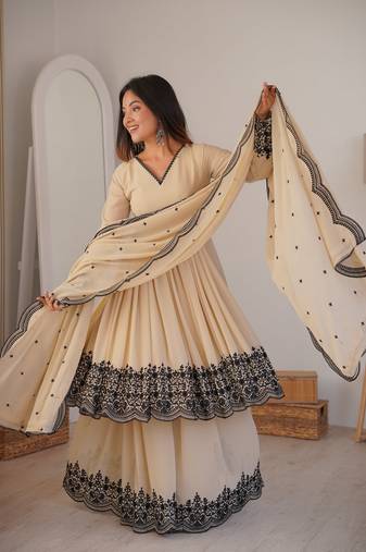 Beige Color Sharara Suit Suit Floral Kurti Set With Dupatta
