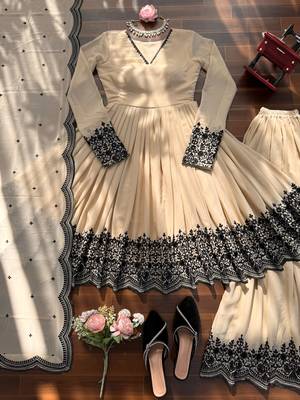 Beige Color Sharara Suit Suit Floral Kurti Set With Dupatta 4