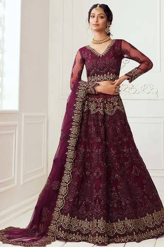 Dark Maroon Bridal Lehenga with Zari and Thread Embroidery Work 