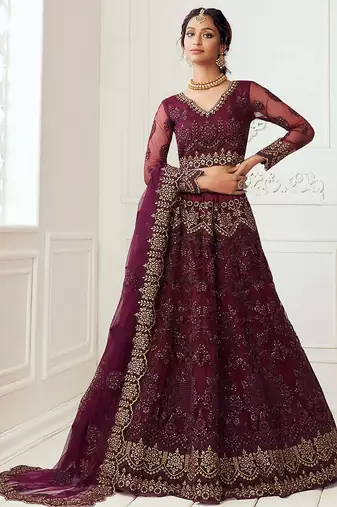 Dark Maroon Bridal Lehenga with Zari and Thread Embroidery Work 