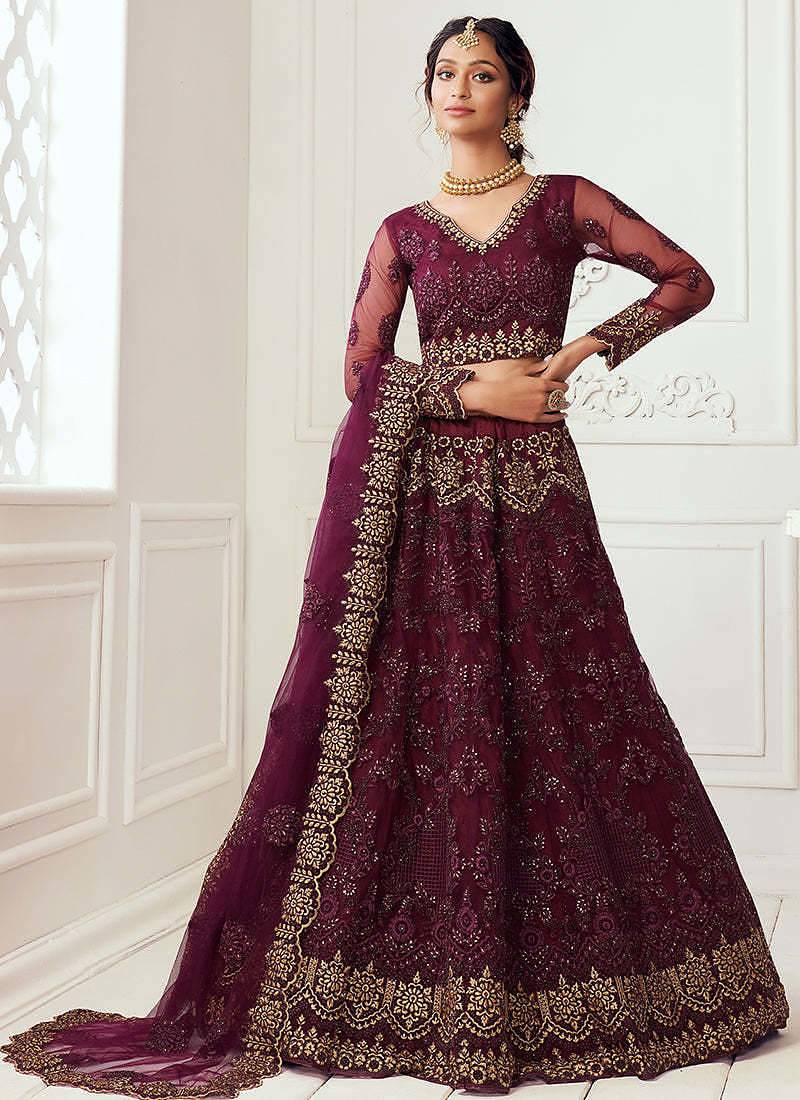Dark Maroon Bridal Lehenga with Zari and Thread Embroidery Work 