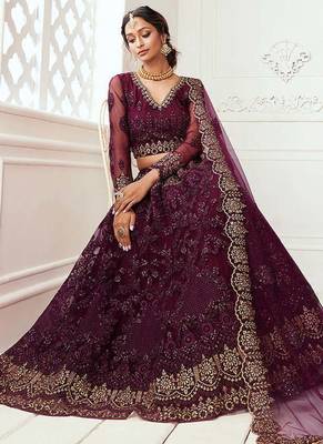 Dark Maroon Bridal Lehenga with Zari and Thread Embroidery Work  2