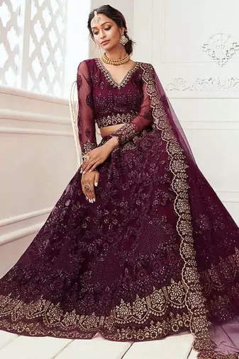 Dark Maroon Bridal Lehenga with Zari and Thread Embroidery Work 