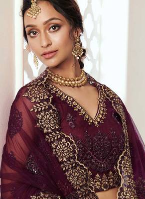 Dark Maroon Bridal Lehenga with Zari and Thread Embroidery Work  3