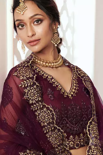 Dark Maroon Bridal Lehenga with Zari and Thread Embroidery Work 