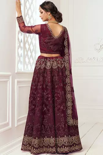 Dark Maroon Bridal Lehenga with Zari and Thread Embroidery Work 