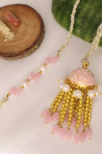 Blush pearl tassel bhai bhabhi rakhi lumba set with roli chawal capsules