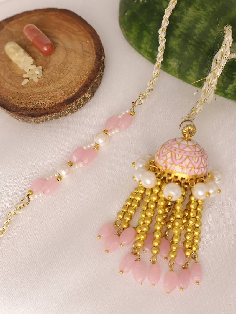 Blush pearl tassel bhai bhabhi rakhi lumba set with roli chawal capsules