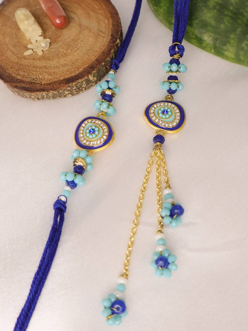 Blue evil eye bhai bhabhi rakhi lumba set with roli chawal capsules