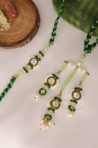 Emerald pearl bhai bhabhi rakhi lumba set with roli chawal capsules