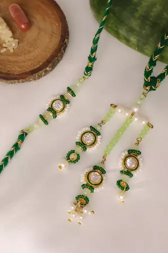 Emerald pearl bhai bhabhi rakhi lumba set with roli chawal capsules