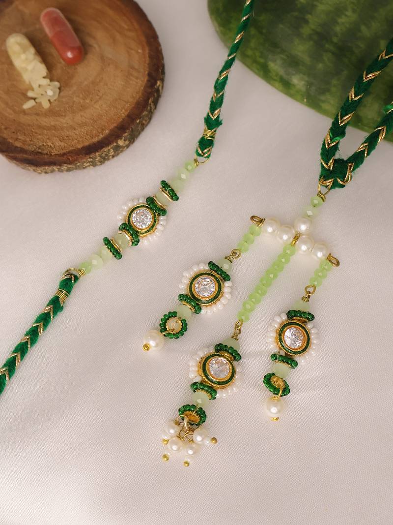 Emerald pearl bhai bhabhi rakhi lumba set with roli chawal capsules