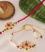 Lotus pearl bhai bhabhi rakhi lumba set with roli chawal capsules