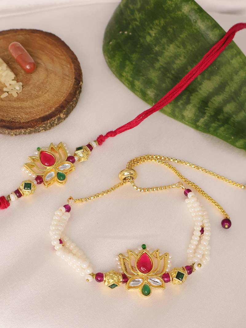 Lotus pearl bhai bhabhi rakhi lumba set with roli chawal capsules