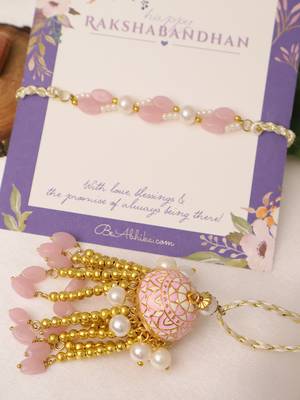 Blush pearl tassel bhai bhabhi rakhi lumba set with roli chawal capsules 4
