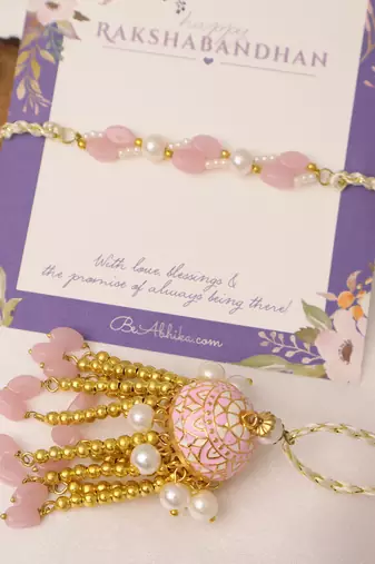 Blush pearl tassel bhai bhabhi rakhi lumba set with roli chawal capsules