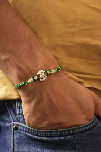 Emerald pearl bhai bhabhi rakhi lumba set with roli chawal capsules