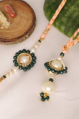 Teal pearl bhai bhabhi rakhi lumba set with roli chawal capsules