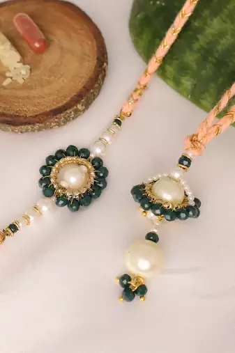 Teal pearl bhai bhabhi rakhi lumba set with roli chawal capsules