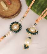 Teal pearl bhai bhabhi rakhi lumba set with roli chawal capsules