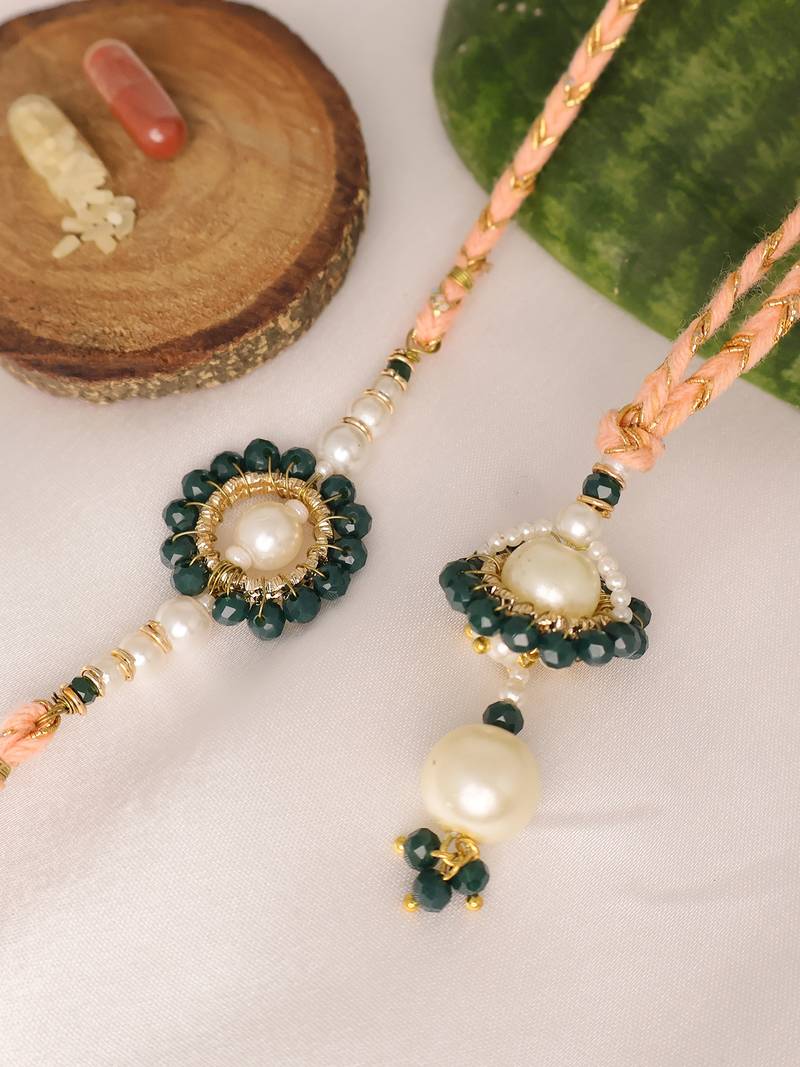 Teal pearl bhai bhabhi rakhi lumba set with roli chawal capsules