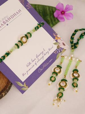 Emerald pearl bhai bhabhi rakhi lumba set with roli chawal capsules 4
