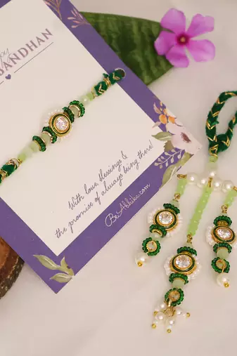 Emerald pearl bhai bhabhi rakhi lumba set with roli chawal capsules