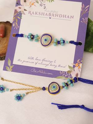 Blue evil eye bhai bhabhi rakhi lumba set with roli chawal capsules 5