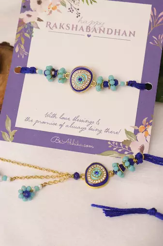 Blue evil eye bhai bhabhi rakhi lumba set with roli chawal capsules