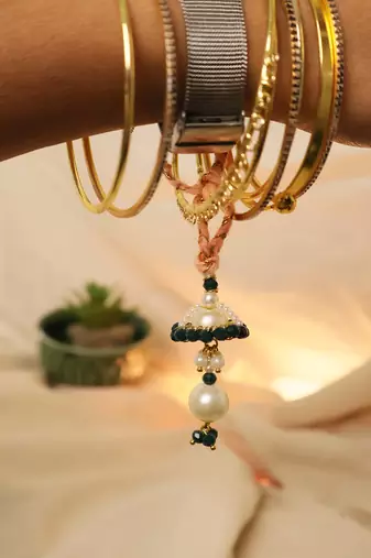 Teal pearl bhai bhabhi rakhi lumba set with roli chawal capsules