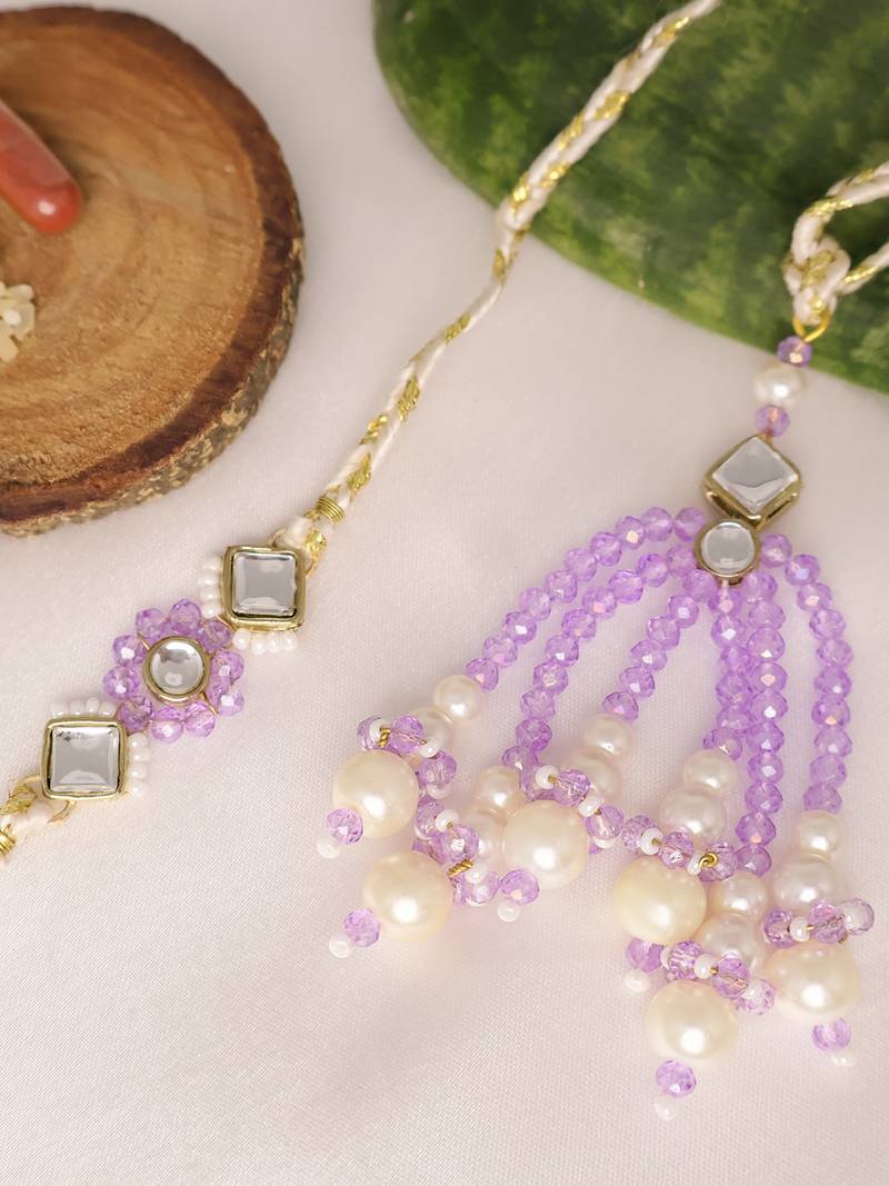 Lavender pearl bhai bhabhi rakhi lumba set with roli chawal capsules