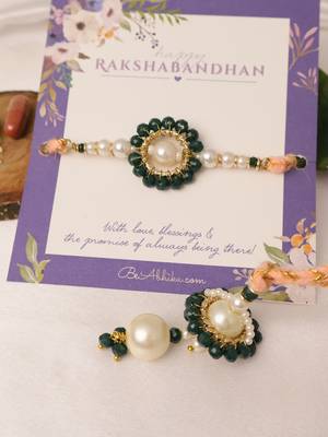 Teal pearl bhai bhabhi rakhi lumba set with roli chawal capsules 4