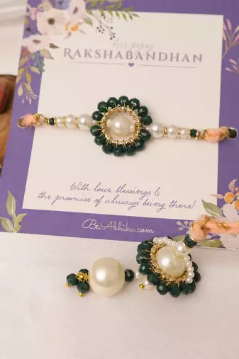 Teal pearl bhai bhabhi rakhi lumba set with roli chawal capsules