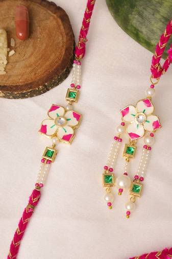 Pink floral pearl bhai bhabhi rakhi lumba set with roli chawal capsules