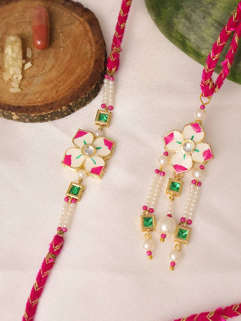 Pink floral pearl bhai bhabhi rakhi lumba set with roli chawal capsules