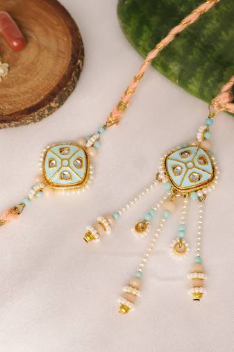 Pastel kundan pearl bhai bhabhi rakhi lumba set with roli chawal capsules